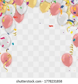 Orange balloons, bunting flags, confetti on background, Autumn concept design, halloween, copy space text