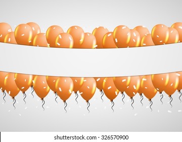 orange balloons in center with falling white confetti and gray background