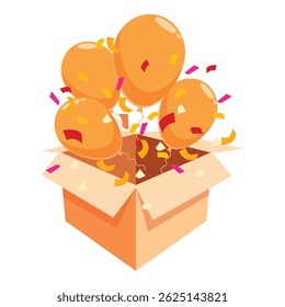 Orange balloons with confetti flying out of cardboard gift box on white background