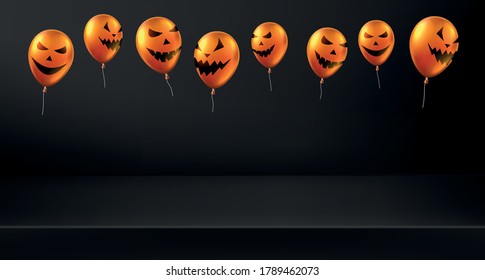 Orange balloons with scary faces on black 3d background. Vector halloween illustration.