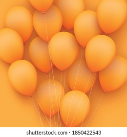 Orange balloons with threads on orange background. Vector festive illustration.