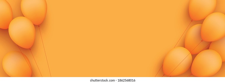 Orange balloons with threads on orange background. Space for text. Vector festive illustration.