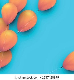 orangefarbene Ballons mit Fäden auf blauem Hintergrund. Platz für Text. Vektorfestivals.