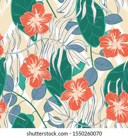 Orange Banana Leaf Vector Seamless Pattern. Blue Nature Jungle Pattern Hawaii Design. Cream Tree Plant Pattern. Indigo Banana Foliage Wallpaper