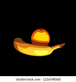 Orange and banana vector icon. Fresh fruits on black background