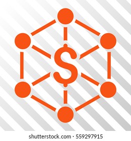 Orange Bank Network toolbar icon. Vector pictograph style is a flat symbol on diagonally hatched transparent background.