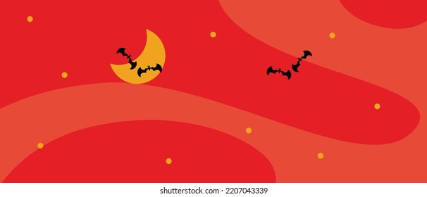 Orange banner background with moon and bat silhouettes for Halloween celebration. with copy space