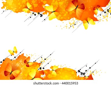 Orange banner with butterflies and bright color design elements. Abstract horizontal vector background