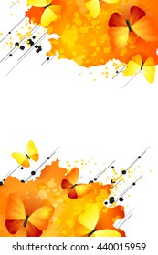 Orange banner with butterflies and bright color design elements. Abstract vertical vector background