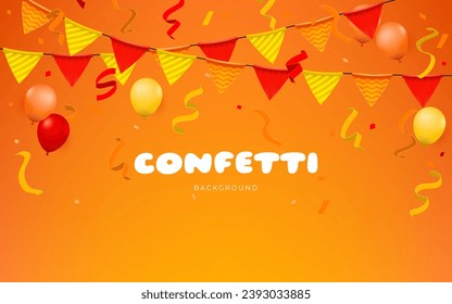 Banner naranja con confeti, banderas y globos, creando un ambiente para un feliz cumpleaños. Diseño perfecto para fiestas de cumpleaños, aniversarios o cualquier evento alegre. No se genera IA.