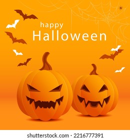 Orange banner with evil smiling Halloween pumpkins. Congratulatory vector illustration with the inscription "Happy Halloween"