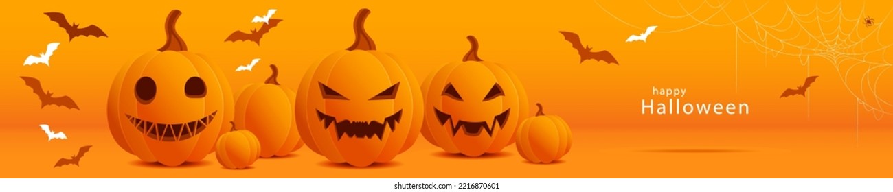 Orange banner with a group of ripe pumpkins with Halloween faces. Congratulatory vector illustration made in warm colors with the inscription "Happy Halloween". Evil pumpkins on a yellow background