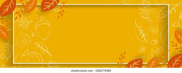 Orange Banner with hand-drawn leaves, maple leaf, pumpkins, and acorns, White frame with shadow with empty space for texts and designs. Vector Illustration. For backgrounds, designs, flyers, cards.