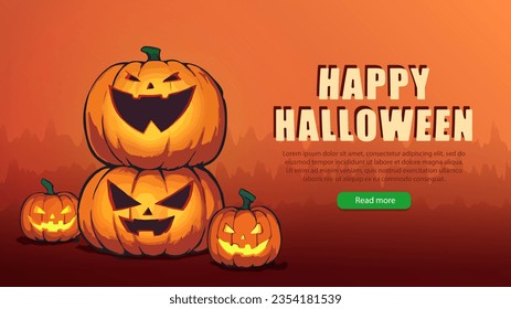 Orange banner with laughing carved Halloween pumpkins. October 31st party invitation or holiday sale poster with glowing Jack-o-lantern. Festive wallpaper, header with smiling squash, gourd