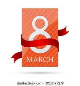 Orange banner with red ribbon for 8 march. Vector illustration. March 8, Women's Day greeting card isolated.