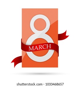 Orange banner with red ribbon for 8 march. Vector illustration. March 8, Women's Day greeting card isolated.