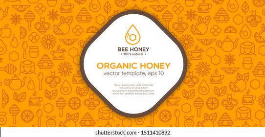 Orange banner template with honey, bee, honeycomb. Design element, outline set, icons of honey symbols. Honey market badge. Beekeeping. Vector illustration, eps 10.