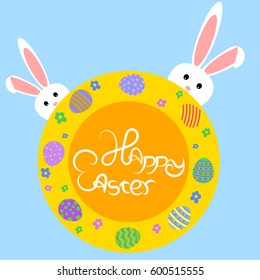 Orange banner and two rabbits.Happy easter.Embellished flowers and eggs.Blue background