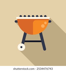 Orange barbecue grill casting a long shadow, in a flat design style