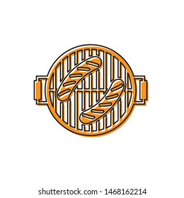 Orange Barbecue grill with sausage icon isolated on white background. BBQ grill party. Vector Illustration
