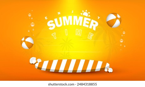 Orange base stripe patterns for Summer advertising product with beach balls, shells, beach party silhouette scene on yellow background. Abstract background. Vector illustration.