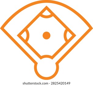 Orange baseball field vector line icon. Minimalist diagram outlines the home plate, bases, and outfield fan shape. Graphic symbol for sports games, baseball leagues, and athletics.