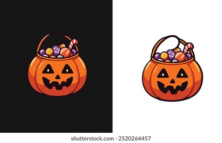 Orange Basket Cute Halloween Pumpkin  Isolated on White Background