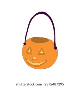 Orange basket with handle for Halloween sweets. Festive children's tradition. Illustration on white background.