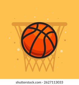Bola de basquete laranja com contorno preto voando em aro. Ilustração plana vetorial.