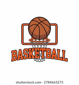 Orange basketball ball going through hoop with orange backboard and net and basketball text 