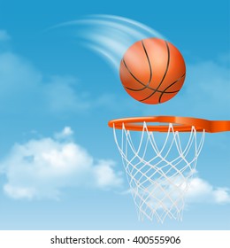Orange Basketball Ball with Pimples Flying to Basket on Cloudy Sky Background. Realistic Vector Illustration. 