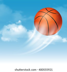 Orange Basketball Ball with Pimples Flying on Cloudy Sky Background. Realistic Vector Illustration. 