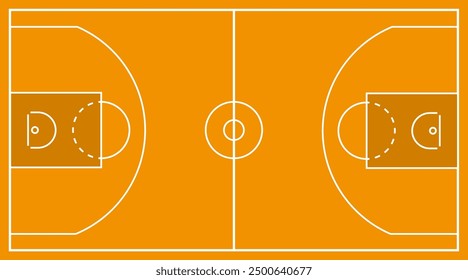 The orange basketball court features two hoop areas, marked zones, and a center circle, showcasing a vibrant playing surface ready for a game.