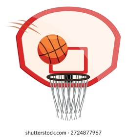 Orange basketball falling through the net of a basketball hoop, scoring points during a dynamic game