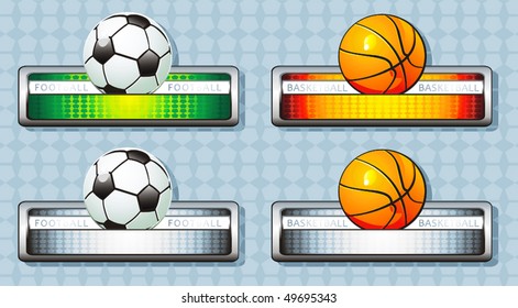 Orange basketball and Green footballs icon. A set of four balls with banners. Vector illustration sport templates.