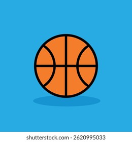 Orange basketball illustration with black lines on a blue background. Sport, game, competition, team, activity.