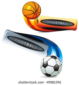 Orange basketball and Silver footballs icon. A set of two balls with banners, isolated on white. Vector illustration sport templates.