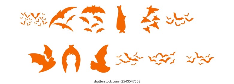 Siluetas de murciélago naranja en varios tamaños y poses, volando en bandadas o colgando boca abajo, aisladas sobre un fondo blanco. Perfecto para Halloween o temas de diseño espeluznantes.