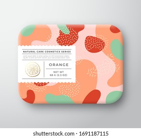 Orange Bath Cosmetics Package Box. Vector Wrapped Paper Container with Care Label Cover. Packaging Design. Modern Typography and Hand Drawn Citrus. Abstract Camo Background Pattern Layout. Isolated.