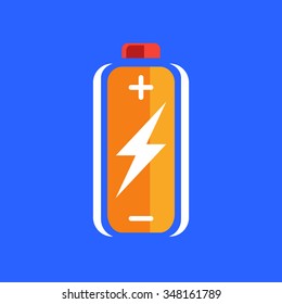 Orange battery charge icon. charged sign. Charging symbol. Battery on blue background. Vector illustration.
