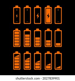 orange battery icon, on black background, vector icon