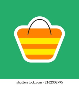 Orange beach bag on a green background. Summer sticker illustration in cartoon style