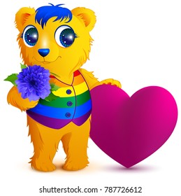 Orange bear in an rainbow vest holds flower and red heart. Valentines Day for LGBT community. Isolated on white vector cartoon illustration