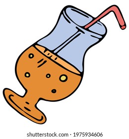 orange beautiful cocktail glass with a straw - refreshing drink, vector color doodle element with black outline