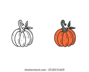 Orange beautiful line drawing of a pumpkin with a stem and green leaf on white background. Hand drawn vector sketch illustration in doodle engraved vintage line art style. Halloween decoration