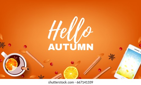 Orange beautiful web banner hello autumn. Top view on composition with cinnamon sticks, cup of mulled wine, rowan on orange background. Vector illustration.