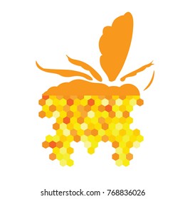 The orange bee is half made of colored hexagons