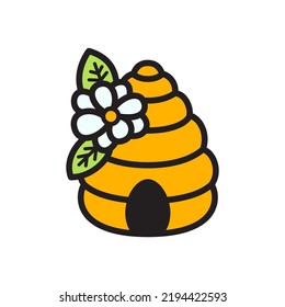 Orange Beehive With Daisy Flower. Wasp Nest. Bee House. Vector Illustration Isolated On White Background