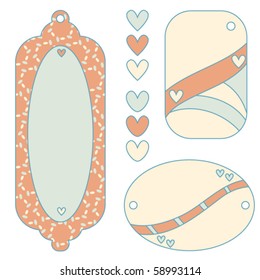 Orange, beige and blue vector tag or label collection and hearts