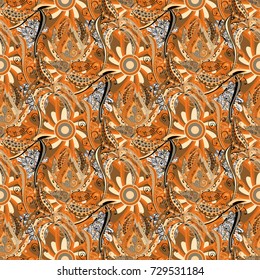 Orange, beige and brown elegant little flowers and funny bugs 